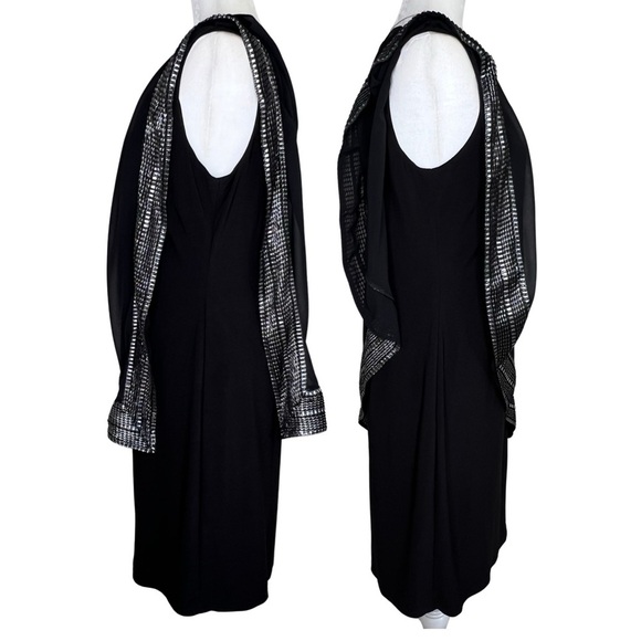 SLNY Dress Sheath Asymmetrical Metallic Trim Capelet Black Sliver 10 Medium M - Picture 13 of 16